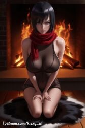 1female 1girls ai_generated alternate_version_available attack_on_titan big_breasts blue_eyes bra chimney clothed clothed_female clothing dark_hair exposed_bra exposed_panties female female_only firelight fireplace fully_clothed fully_clothed_female hands_on_knees klexyai looking_at_viewer mikasa_ackerman on_carpet on_floor on_front panties patreon patreon_username scarf see-through see-through_clothing shingeki_no_kyojin shiny shiny_skin solo solo_female straight_face visible_bra visible_bra_through_clothes visible_panties