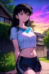 1girls ai_generated black_hair brown_eyes curvy curvy_female detailed_background female female_focus inuyasha kagome_higurashi long_hair midriff outdoors self_upload shirt shorts smile solo stable_diffusion sunset village