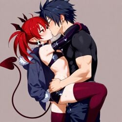 1female 1male ai_generated couple crossover demon_girl disgaea etna fairy_tail gray_fullbuster hugging red_hair small_breasts