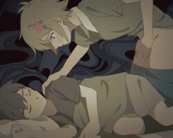 2boys basil_(omori) blush censored cute femboy gay gnail jerking masturbation omori pants_down precum sleep_molestation sleeping somnophilia sunny_(omori) watching yaoi