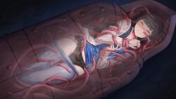 1girls aigis_blue blue_hair blush bondage captured closed_eyes defeated defeated_heroine female iron_maiden leggings light_blue_legwear no_future purinpu restrained sweat tentacle_bondage tentacle_under_panties tentacles_everywhere tentacles_under_clothes tokumei_shoujo_aigis_pink x-ray