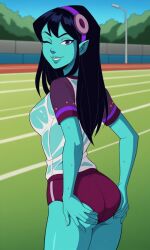 4kids_entertainment ai_generated alien alien_girl ass bigmic145 black_hair blue_eyes blue_skin breasts buruma female gym_clothes gym_uniform pointy_ears see-through see-through_clothing starlee_hambrath t-shirt tease teasing teenage_mutant_ninja_turtles teenage_mutant_ninja_turtles_(2003) tmnt tmnt_2003 water_fight wet wet_clothes wet_clothing