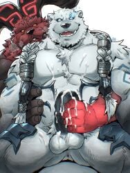 2boys abs animal_ears anus artist_logo bara bear_boy bear_ears black_sclera blue_eyes braid colored_sclera condensation cum cum_on_body cum_on_penis ejaculation english_commentary erection fangs flaming_eye furry furry_male gamubear highres horns incest league_of_legends logo male_focus male_masturbation masturbation multiple_boys muscular muscular_male open_mouth orange_eyes ornn pectorals penis testicles volibear white_background yaoi