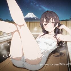 ai_generated hands_on_hair legs_up mount_fuji naughty_face suou_yuki tokidoki_bosotto_russian_de_dereru_tonari_no_alya-san towel water wet wet_towel