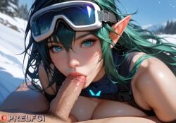 1girls ai_assisted ai_generated big_breasts blowjob cyan_eyes elf elf_ears elf_female elf_girl female female_focus goggles goggles_on_head green_hair looking_at_viewer patreon penis perky_breasts pointy_ears prelfgi self_upload ski_goggles slim sloppy snow sucking sucking_penis winter