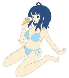 1girls arm_support barefoot big_breasts bikini blue_bikini blue_eyes blue_hair breasts busty cleavage eating feet female female_only food half-closed_eyes highres ice_cream large_breasts legs looking_at_viewer make_heroine_ga_oo_sugiru! medium_hair navel open_mouth side-tie_bikini_bottom sitting solo swimsuit thighs voluptuous yanami_anna