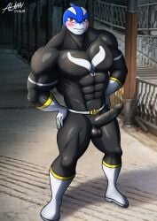 abs absurd_res alkan anthro balls big_pecs big_penis black_alto black_clothing black_suit boots cetacean clothing dolphin erection footwear genitals gloves handwear hi_res male mammal marine moobs muscular muscular_anthro muscular_male navel nipples pecs penis red_eyes shoes solo suit superhero tight_clothing toothed_whale white_boots white_clothing white_footwear white_gloves white_handwear