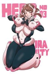 1girls adult aged_up blush boots brown_hair ernez ernez_996 floating front_view hands_together headgear hourglass_figure jerukperas large_breasts looking_at_viewer milf my_hero_academia navel_visible_through_clothes ochako_uraraka short_hair smile solo spandex thick_thighs tight_clothing time_skip wide_hips