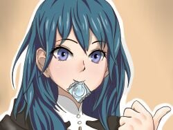 biting_condom byleth_(fire_emblem) byleth_(fire_emblem)_(female) commentary_request commissioner_upload conditional_dnp condom_wrapper condom_wrapper_in_mouth fire_emblem fire_emblem:_three_houses green_hair inviting_to_sex purple_eyes smile suggestive suggestive_gesture thumbs_up