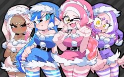 4girls big_breasts black_eyes blue_eyes blue_hair blush breasts christmas cleavage colored_tongue curly_hair dress hand_on_own_hip hat highres inkling inkling_girl large_breasts long_hair looking_at_viewer mole mole_under_eye multiple_girls nintendo octoling octoling_girl one_eye_closed open_mouth pink_hair pink_tongue pointy_ears purple_hair purple_tongue riki0731 santa_costume santa_dress santa_hat short_hair shoulder_tattoo splatoon striped_clothes striped_thighhighs sweat tattoo tentacle_hair thighhighs tongue white_hair wink winking_at_viewer yellow_eyes