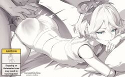 bed bra bra_pull breasts cecilia_immergreen clothes_pull doll_joints electrocution erection green_eyes highres holojustice hololive hololive_english joints lying monochrome nipples nude penis sex small_breasts smug sunset_skyline underwear vaginal_penetration virtual_youtuber winding_key