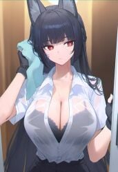 1girls black_bra black_hair bra breasts cleavage female female_only fox_ears fox_girl gloves hoshimi_miyabi large_breasts long_hair looking_at_viewer red_eyes see-through see-through_clothing solo sweat towel zenless_zone_zero