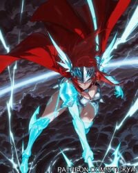 1girls action_pose ai_generated blue_eyes breasts cloud cosplay fit high_school_dxd light-skinned_female lightning nsfw red_hair rias_gremory stickyai storm superheroine thor_(marvel)