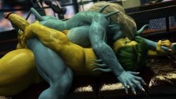 1futa 1girls 3d 3d_(artwork) big_breasts blue_skin breasts champions_online crossover erection female futa_on_female futanari green_hair green_skin horns huge_cock kissing marvel marvel_comics muscular muscular_futanari nipples penis precum she-hulk shyvyra squarepeg3d veiny_penis white_hair