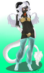 2010 anthro black breasts bulge claws collar futanari glasses gradient_background hair herm horns intersex leggings lip_piercing lip_ring long_hair looking_at_viewer navel nipples nitzleplick piercing red_eyes skimpy solo standing tail tail_tuft white_hair wings