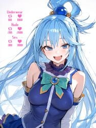 1girls ai_generated april68th aqua_(konosuba) bare_shoulders bending_over bent_over blue_eyes blue_hair blush female female_only girly kono_subarashii_sekai_ni_shukufuku_wo! leaning_forward long_hair looking_at_viewer medium_breasts skirt slim_waist smiling smiling_at_viewer solo teenager tied_hair tight_fit