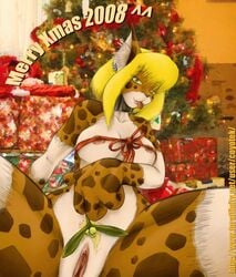 2008 anthro breasts christmas clitoris collar color coyotek ear_piercing earring feline female furry geno geno_e._vefa_(coyotek) holidays inviting mistletoe nude piercing plump_labia pubic_tuft pussy solo spread_legs spreading