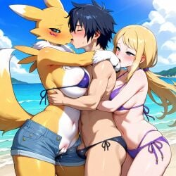 1female 1male ai_generated beach bikini crossover digimon fairy_tail furry gray_fullbuster renamon sensual slut