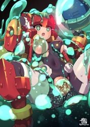 aile_(mega_man_zx) armor blonde_hair bodysuit breasts censored cropped_jacket female forehead_jewel green_eyes gummyrise helmet highres jacket large_breasts long_hair mega_man_(series) mega_man_zx model_zx_(mega_man) mosaic_censoring nipples red_armor red_helmet red_jacket sex slime_(creature) slime_sex solo_focus spread_legs torn_bodysuit torn_clothes vaginal_penetration