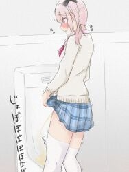 1girls akiyama_mizuki clothes_lift clothing female japanese_text onomatopoeia peeing pink_hair project_sekai skirt skirt_lift standing stockings translation_request trembling urinal urine urine_pool urine_stream