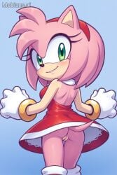 accurate_art_style ai_generated amy_rose ass ass_focus boots dress gloves mobians.ai on_model partially_clothed pussy red_clothing skirt sonic_(series) tail upskirt