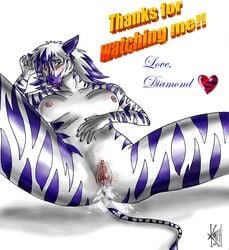 2005 anus breasts clitoris cum cum_in_pussy cum_inside diamond_(kadath) english_text equine female hair kadath kadath_universe messy nipples nude on_back purple purple_hair pussy solo stripes tail text white_hair word_art zebra