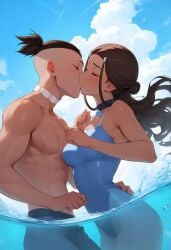 1boy 1girls ai_generated avatar_legends avatar_the_last_airbender blooboo brother_and_sister brown_hair female hair_loopies in_water incest katara kissing male nickelodeon one-piece_swimsuit outdoors siblings sokka straight swimsuit tagme topless_male water water_tribe