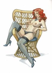 1girls breasts elena_ominetti female high_heels lingerie necklace nipples red_hair solo topless traditional_media_(artwork)