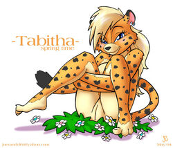 black_nose blonde_hair blue_eyes cheetah ear_piercing earring feline female flowers hair half-closed_eyes joe_randel legs_up long_hair looking_at_viewer nude piercing pussy sitting solo tabitha tail white_background