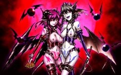 black_hair bottomless breasts collar corruption demon_girl elf_ears erect_nipples femsub gloves happy_trance horns maid_headdress monster_girl nipple_piercing open_clothes opera_gloves piercing purple_hair pussy_juice reimu_hakurei sakuya_izayoi short_hair talisman tattoo thighhighs touhou twintails wings