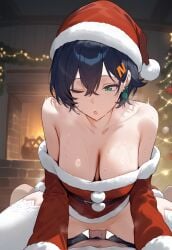 ai_generated bare_shoulders belle_(zenless_zone_zero) big_breasts blue_hair blush breasts christmas_hat christmas_outfit cleavage collarbone cowgirl_position cowgirl_position earrings green_eyes hair_ornament indoors no_panties off_shoulder one_eye_closed parted_lips setsuaiart sex short_hair spread_legs sweat sweaty_body thighhighs thighs white_thighhighs zenless_zone_zero