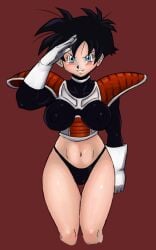 black_hair corruption dragon_ball enemy_conversion erect_nipples femsub midriff saluting short_hair thong tomodachi videl