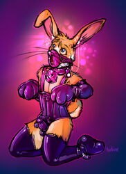 anthro bell chastity chastity_cage chastity_device corset crossdressing fur furry gag gagged hypnosis kneeling lagomorph latex male_chastity male_only mind_control padlock rabbit simple_background solo stockings turbinedivinity