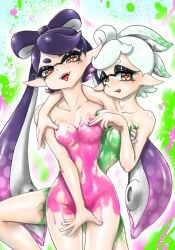 2girls bodypaint breasts callie_(splatoon) female inkling koharuno2 marie_(splatoon) nude splatoon squid_sisters tagme