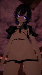 bikini_top black_hair black_sclera corrin_asumi looking_at_viewer pulling_bikini_down purple_eyes purple_streak solo_female vrchat vrchat_avatar vrchat_model