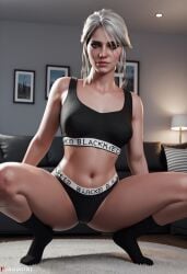 3d ai_generated blacked blacked_clothing blender ciri clothed dreamcuc eye_scar looking_at_viewer photoshoot pose posing seductive_look solo solo_female squatting the_witcher_(series) the_witcher_3:_wild_hunt white_hair