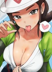 absurdres big_breasts blush bra bra_peek breasts brown_hair cleavage clothes_pull fellatio_gesture female female_protagonist_(pokemon_legends:_z-a) flashing flashing_breasts game_freak grey_eyes hat heart highres i_b_(yaun2242) jacket light-skinned_female light_skin looking_at_viewer looking_up medium_breasts motion_lines nintendo pokemon pokemon_legends:_z-a pulling_own_clothes saliva sfw shirt_pull sidelocks solo speech_bubble spoken_heart steamy sweat sweaty_breasts tongue tongue_out top_view upper_body white_hat