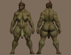 3d 3d_model back_view balls bethesda_softworks breasts fallout front_view futanari green_skin huge_cock muscular muscular_futanari nipples penis solo squarepeg3d super_mutant veiny_penis