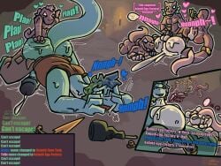 anthro belly big_belly bodily_fluids bottomwear breath brontosaurus cave cavern clothing cum cum_inflation cum_inside cumming_from_anal_sex dialogue dialogue_box dinosaur diplodocid diplodocoid dirty_talk dominant dominant_male ejaculation felix_(bouncykauda) femboy gameplay_mechanics genital_fluids green_eyes green_hair group group_nudity group_sex hair heart_symbol hi_res holding_face inflation judasthesinner kobold larger_sub male male/male mammal melee_weapon moan mouse murid murine name_in_dialogue onomatopoeia orgasm panting pants plap prehistoric_species reptile rodent running saurischian sauropod sauropodomorph scales scalie sex simultaneous_orgasms size_difference sound_effects submissive sword text torch torn_bottomwear torn_clothing torn_pants weapon