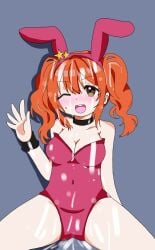 blush bracelet breasts bunny_ears bunny_girl bunnysuit choker covered_in_cum cum cum_in_hair cum_on_breasts cum_on_clothes cum_on_face cum_on_leg d4dj demodemo one_eye_closed seto_rika star sweat sweatdrop thick_thighs