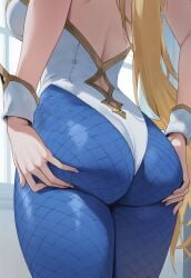 1girls ai_generated artoria_pendragon artoria_pendragon_(all) artoria_pendragon_(swimsuit_ruler) ass bare_shoulders big_ass blonde_hair blue_legwear breasts bunny_tail bunnysuit detached_collar fate/grand_order fate_(series) female fishnet_legwear fishnets large_breasts leotard long_hair pantyhose thighs truck-kun_art truck_kun wrist_cuffs