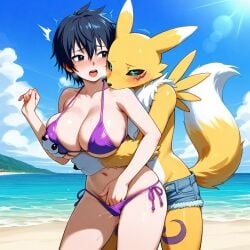 ai_generated beach bikini crossover digimon fairy_tail female_only furry genderswap_(mtf) gray_fullbuster renamon sensual slut