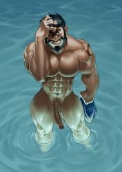 abs archie_(pokemon) balls bara biceps big_penis chesschirebacon dark-skinned_male male male_nipples male_only manly muscular_male nintendo nipples nude pecs penis pokemon pokemon_(game) pokemon_rse team_aqua wet