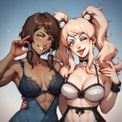 2girls ai_generated avatar_legends babydoll blonde_hair breasts brown_hair chocolate_and_vanilla crossover danganronpa danganronpa:_trigger_happy_havoc junko_enoshima korra lingerie nickelodeon nicktoons smile sticking_out_tongue the_legend_of_korra