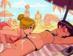 1futa 1girls after_sex beach being_watched bikini casual crowd cum cum_on_own_body erection exhibitionism fellatio female futa_on_female futanari licking_body licking_cum penis pervertfuel public public_sex