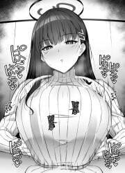 1boy blue_archive blush breasts female fuurai_(resuty) greyscale halo highres large_breasts long_hair looking_at_viewer monochrome navel paizuri paizuri_under_clothes parted_lips pov rio_(blue_archive) straight sweat sweater turtleneck turtleneck_sweater