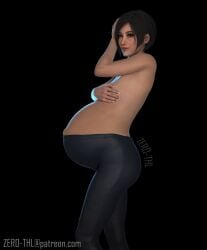 1girls 3d ada_wong asian asian_female belly big_belly black_hair breasts capcom covering_breasts demi_moore_pose female female_only nipples outie_navel pants pregnant resident_evil side_view solo solo_female topless zero-thl