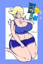 1girls big_breasts big_thighs blonde_hair blue_booty_shorts blue_eyes blue_tank_top booty_shorts breasts chips cleavage clothing doritos female huge_breasts huge_thighs human large_breasts large_thighs light-skinned_female light_skin long_hair luma mario_(series) mommy nintendo princess_rosalina shorts super_mario_galaxy takaidraws thick_thighs voluptuous voluptuous_female wide_hips