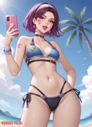 ai_assisted ai_generated anime_style antifragile_dazzle bikini brown_eyes bubbleteexl cellphone d.va game le_sserafim overwatch overwatch_2 purple_hair side_tie_bikini side_tie_bikini_bottom tongue_out