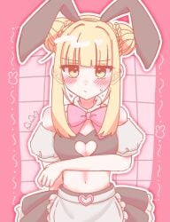 blush boob_window bow breasts bunny_ears bunny_girl cute d4dj fukushima_noa heart maid midriff pmktmr sweatdrop text watermark